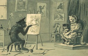 Opice malující portrét kočky a kotěte (litografie) od European School