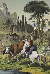 Pastýři na koních v Itálii pronásledují stepního býka v krajině s divokým kaštanem, borovicí hroznovou a italským topolem (barva litho) od European School