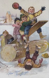 Novoroční přání zobrazující děti hrající si na sněhu (chromolit) od European School