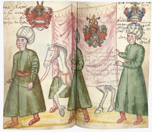 Stránky z alba Amicorum Julia Pfluga, včetně tureckého kostýmu a erbů, 1600-13 od European School