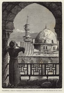 Palestina, Muecin svolávající muslimy k modlitbě z vrcholu minaretu Isa neboli Ježíš od European School