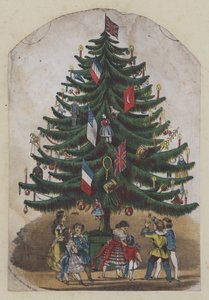 Lidé pod vánočním stromkem, blahopřání (barva litho) od European School