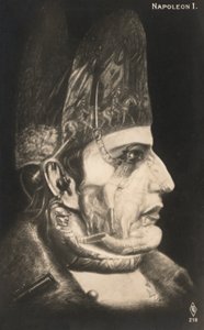 Portrét Napoleona Bonaparta s výjevy z jeho bitev nakreslenými na obličeji a klobouku (litografie) od European School