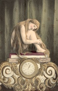 Portrét dívky sedící nad hodinami (barevná litografie) od European School