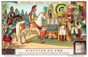 Porus, král Pauravů, nabízí Alexandrovi Velikém tyč oceli (chromolitho) od European School