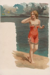 Krásná dívka v plavkách na procházce po písku (barevná litografie) od European School
