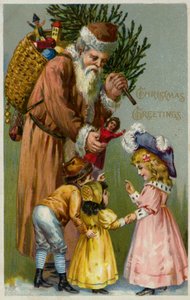 Santa Claus rozdává dětem dárky a vánoční stromeček (barevná litografie) od European School