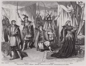 Scéna z III. dějství historického dramatu německého dramatika Salomona Hermanna Mosenthala Maryna (rytina) od European School