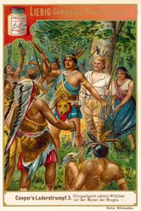 Scéna z The Deerslayer, James Fenimore Cooper (chromolitho) od European School