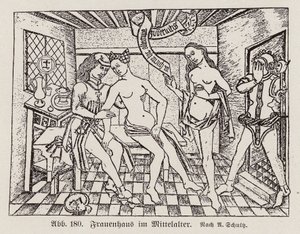 Scéna ve Frauenhausu, pozdně středověkém německém nevěstinci (rytina) od European School