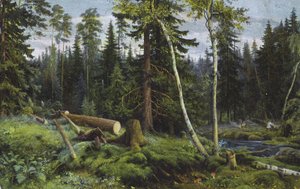 Scéna v lese s pokácenými stromy (barevná litografie) od European School