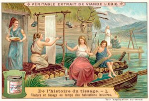 Předení a tkaní ve starobylé vesnici u jezera (chromolitho) od European School