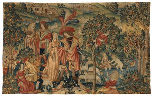 Tapiserie zobrazující Pastorační scénu se sběrem ovoce nebo Seigneur v jeho parku nebo Venkovské spojenectví a sběr ovoce, cca 1500 (vlna a hedvábí) od European School
