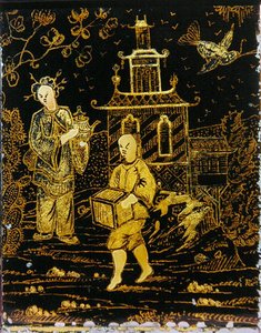 Tea Caddy na čínský způsob zobrazující vrátného a dámu nesoucí konvici (kov) od European School