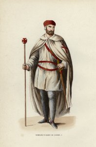 Templáři ve válečných šatech (barevná rytina) od European School