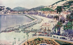 Praia da Lapa a Praca da Gloria, pohled na vojenskou přehlídku 15. listopadu, v den výročí založení Brazilské republiky (barevná litografie) od European School
