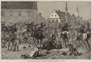 Nepokoje v Chorvatsku, husaři rozhánějící vzbouřence v Agramu (rytina) od European School