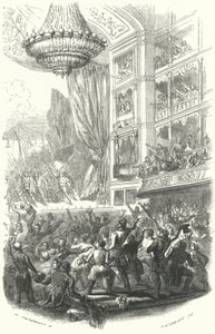 Začátek belgické revoluce: provedení opery Daniela Aubera La Muette de Porcini v Theatre de la Monnaie v Bruselu, 25. srpna 1830 (rytina) od European School
