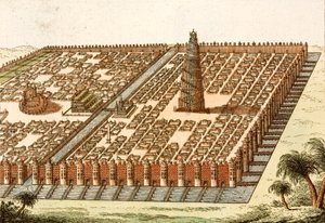 Babylonská věž, královský palác a visuté zahrady Babylonu (barevná rytina) od European School