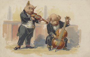 Dvě prasata hrající na hudební nástroje (barevná litografie) od European School