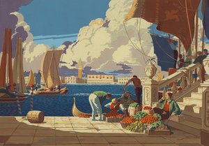 Benátky, pohled přes lagunu na San Marco (barevná litografie) od European School