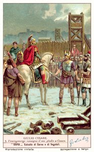 Vercingetorix odevzdává svůj meč Juliu Caesarovi po obléhání Alesie, 52 př.nl (chromolitho) od European School