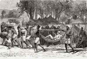 Verney Lovett Cameron přijíždějící do vesnice Oulonnda, Afrika, 1878 (dřevoryt) od European School