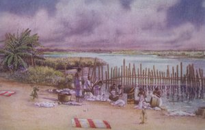 Ženy perou oblečení v řece, severní Afrika (barevná litografie) od European School