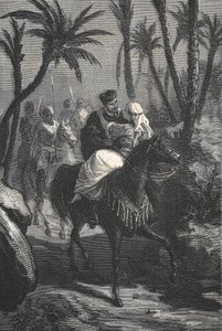 Cervantes jede na koni se ženou v oáze od Eusebio Planas