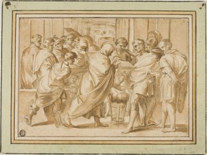 Scéna z římské historie se zahalenou postavou předkládající knihu vládci od Eustache Le Sueur