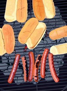 6 hot dogů na grilu, jižní strana Streefu (digitální umění) od Evan Sklar