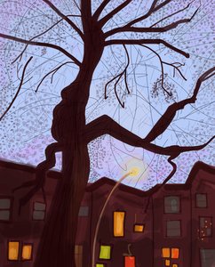 Brooklyn Brownstone Street At Dusk, 2016 (ručně kresleno tužkou Apple na iPadu) od Evan Sklar
