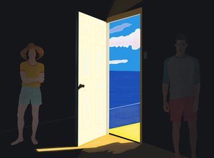 Pár v domě na pláži, Brooklyn (digitální umění) od Evan Sklar
