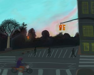 Oranžový skútr,Grand Army Plaza, Brooklyn, 2016 (nakresleno ručně tužkou Apple na iPadu) od Evan Sklar