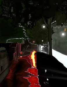 Červené světlo odrážející se na chodníku po dešti, NY, svítání (digitální umění) od Evan Sklar