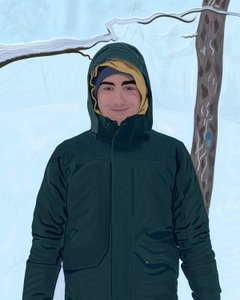 Mladý muž v zelené bundě na sněhu (digitální umění) od Evan Sklar