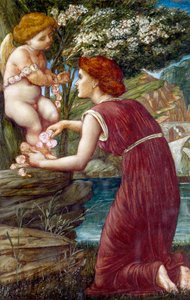 "Kult Amora" Mladá žena drží sošku boha lásky. Obraz Evelyn De Morgan (1855-1919) (preraphaelite) Soukromá sbírka od Evelyn De Morgan