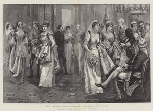 Královnin salon, Buckinghamský palác, scéna v zeleném salonu po prezentaci