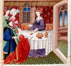 Iseult (nebo Iseult) prosí o ochranu královnu Guenevre sedící u jejího stolu. Miniatura převzatá z románu „Romanesque du Chevalier Tristan et de la reine Yseult““ od Gassiena de Poitiers osvětlená Everardem de Espinques (Evrard d
