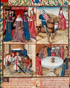 Král Artuš drží dvůr, Lancelot vedený dámou do opatství, změkčující z Galahad (Gaalad nebo Galaad) do opatství a rytíři kulatého stolu kolem Svatého grálu Rukopis strana „“Říma rytíře Tristana a královny Yseult“ od Gassien de P