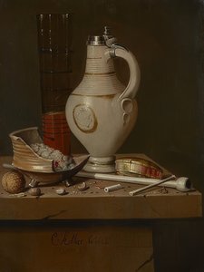 Zátiší s kuřáckými potřebami a korbelem piva. 1664