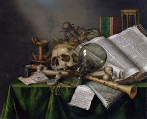 Vanitas - Zátiší s knihami a rukopisy a lebkou