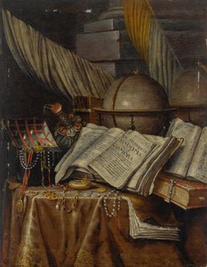 Zátiší Vanitas s glóbusem, knihami a krabičkou se šperky, které leží na prostřeném stole.