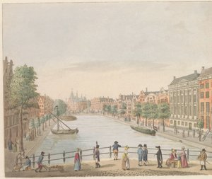 Kloveniersburgwal v Amsterdamu, asi 1810-1813 Vue du Kloveniers Burgwal et de la Maison de Trip, du High Street au Marché Neuf (název na objektu)