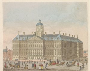 Královský palác na náměstí Dam, asi 1810-1813 Vue du Palais Roijal, et de la Place le Dam (název na objektu)