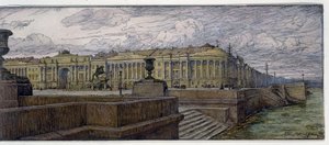Místo Senátu v Petrohradu. Popis budov na břehu Něvy. Práce Evgeny Evgenyevich Lanceray (Eugene Lansere) (1875-1946), litografie