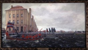 Petrohrad na počátku 18. století. Budova 12 kolejí. (St Peterburg na počátku 18. století. Budova dvanáctého kolegia). Popis přístaviště na Něvě před univerzitou, kde muži čekají na příjezd člunu m