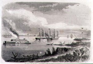 Parník a vlečný člun na Mississippi, vyrytý Stephanem Pannemakerem (1847-1930) (rytina)