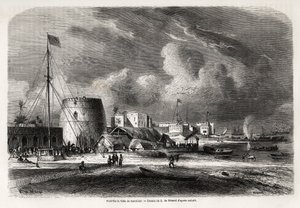 Přístav města Zanzibar (dnešní Tanzanie), kresba Evremonda de Berarda (1824-1881), ilustrující cestu kapitána Burtona k Velkým jezerům ve východní Africe v letech 1857-1859. Rytina v „“ Le tour du monde, nouveau journal des voyages““ Paříž