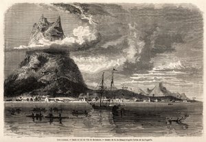 Rade a vrchol ostrova Borabora, kresba Evremonda Auguste de Berarda (1824-1881), pro ilustraci cesty přírodovědce v souostroví Galapágy a korálových ostrovech, v roce 1858 Charles Darwin (1809-1882). Rytina „“ Le tour du mond